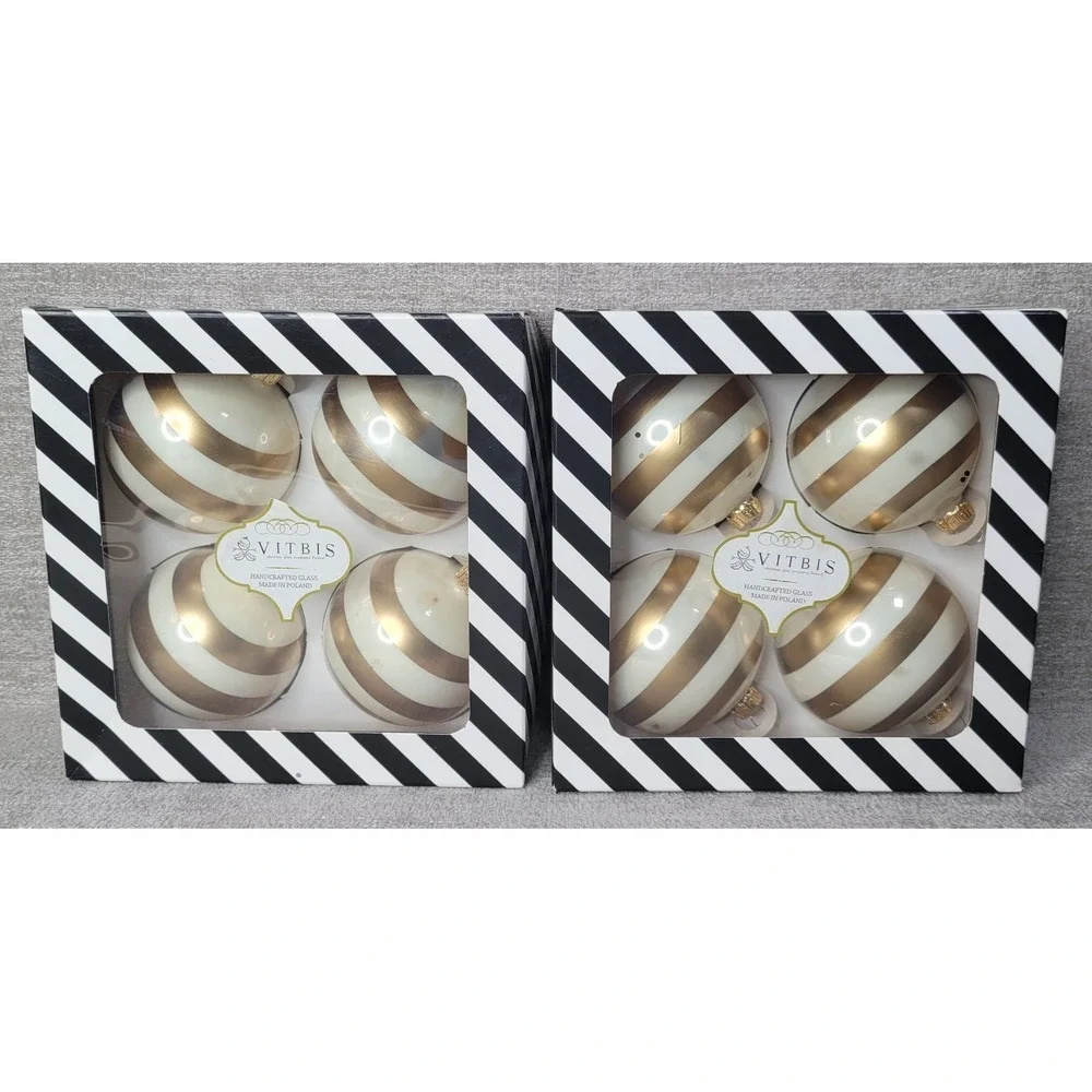 Vitbis‎ Set of 8 Christmas Ornaments White & Gold Stripes Handcrafted Poland